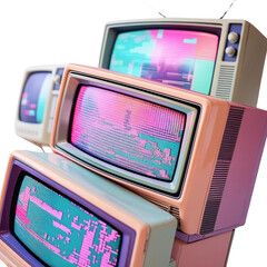Vintage television sets stacked retro tvs with glitch art screens old technology display devices nineties era