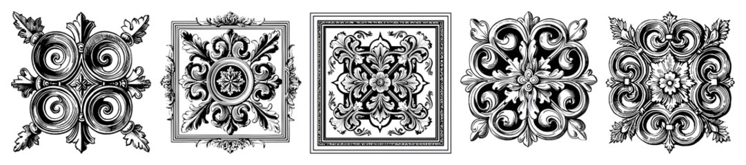 PNG Intricate black ornamental metal designs, element set on transparent background