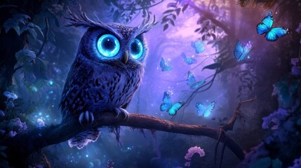 Magical owl with glowing eyes perched on a branch in an enchanted forest, surrounded by blue butterflies.