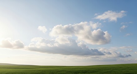 Fototapeta premium Green Field Under Blue Sky with Puffy White Clouds on Sunny Day