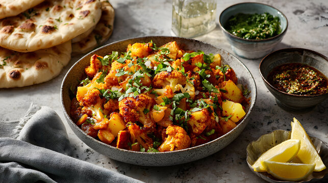aloo gobi with naan bread, lemon wedges, and chutney bowls on a light stone surface