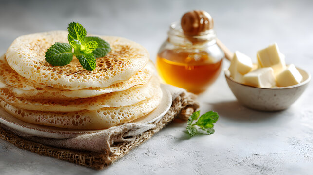 baghrir stack with honey pot, butter cubes, and mint on a light stone surface