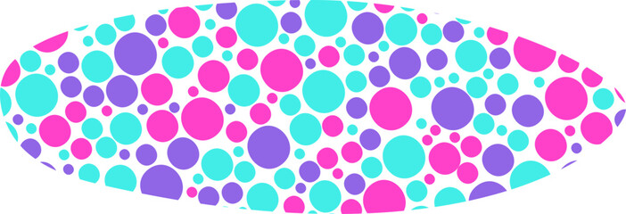 An oval-shaped element with a pattern of colored dots in varying sizes.