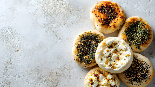 Flat lay of assorted manakish with cheese and za'atar on a light stone surface
