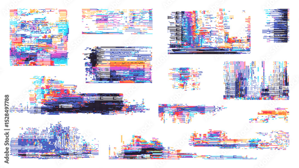Fototapete Abstract colorful glitch pixel art shapes vector graphics. Digital data distortion effect collection. Retro video game texture for a background. Vector graphics.