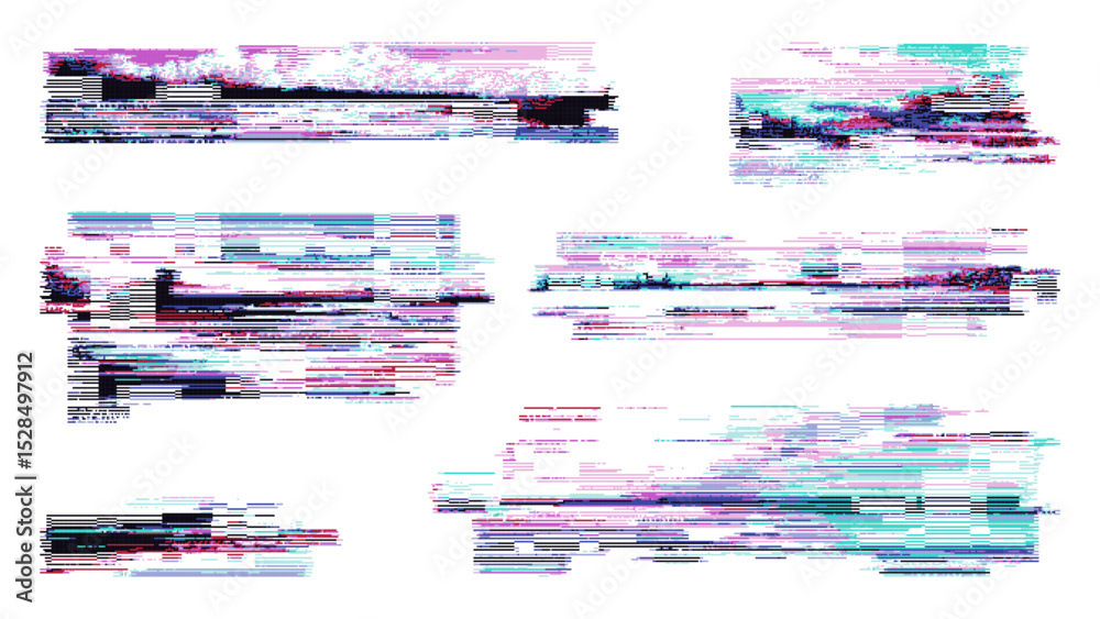 Fototapete Abstract set of vector glitch noise elements. Digital distortion and error effect. Technology backdrop for graphic design, print. Vector graphics.