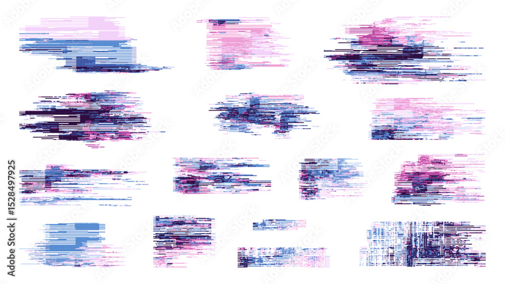 Poster abstract digital glitch pixel art set for aesthetic graphic design, video games, cyberpunk, modern w