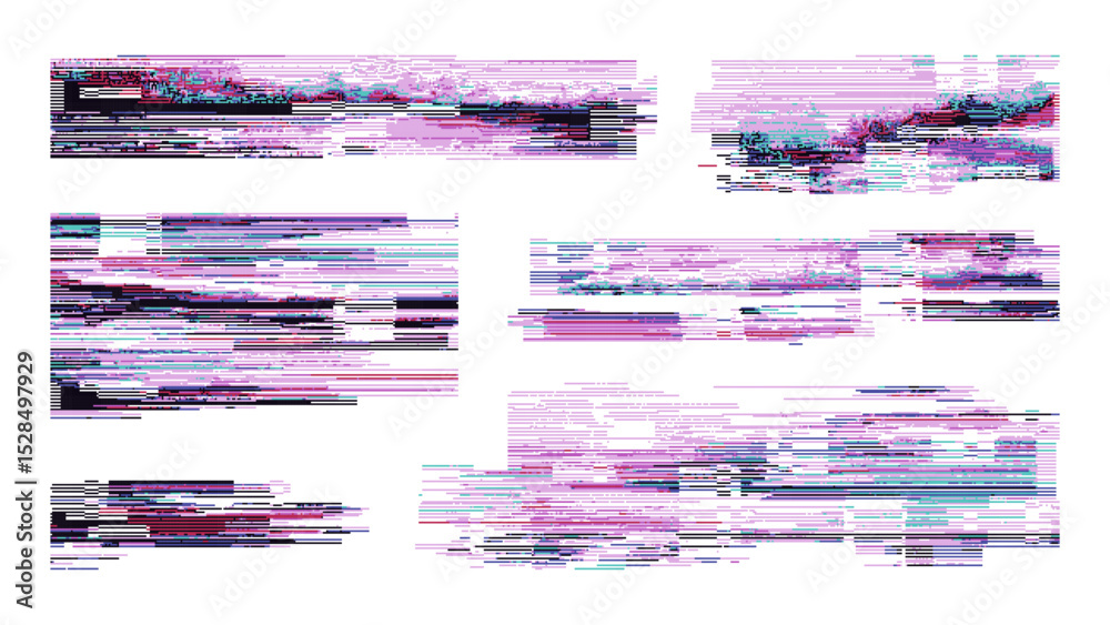 Poster Abstract purple glitch effect with distorted pixel lines. Modern digital artifact for error and network problem concept. Vector graphics.