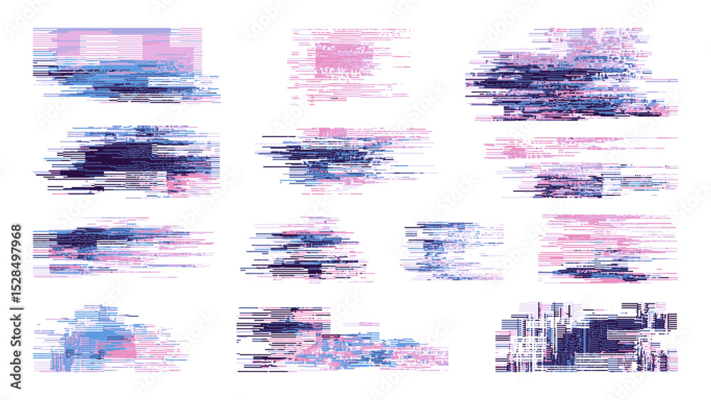 Aufkleber Abstract colorful glitched geometric shapes pattern. Digital distorted data background elements. Modern error signal graphic for tech concept. Vector graphics.