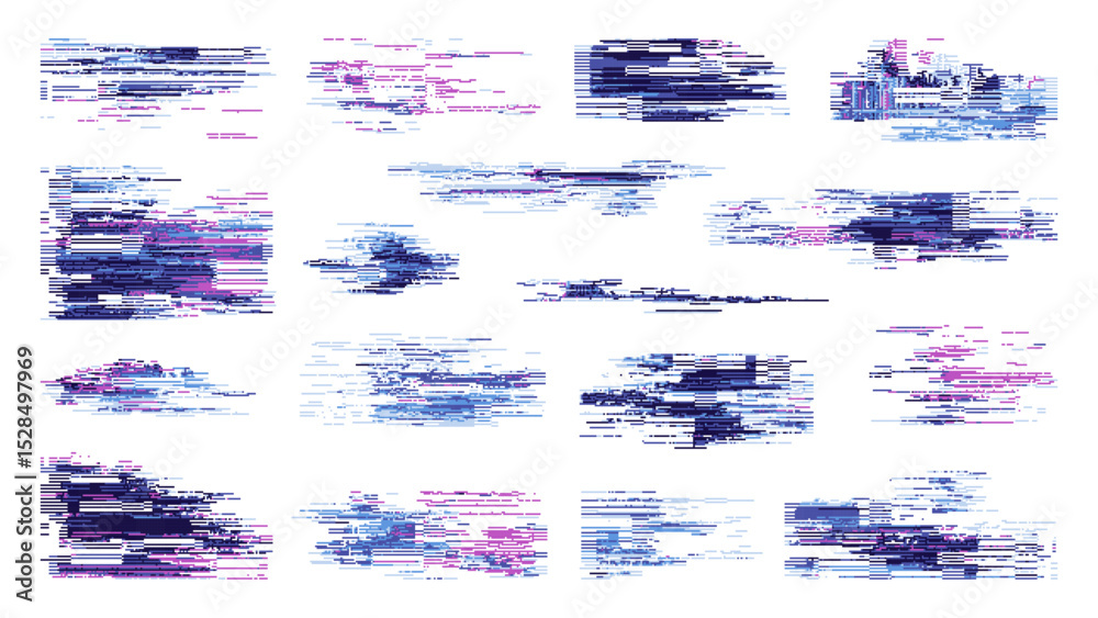 Poster Vector glitch elements for graphic design. Abstract digital disturbance lines for modern art. Cyberpunk visual effect. Vector graphics.