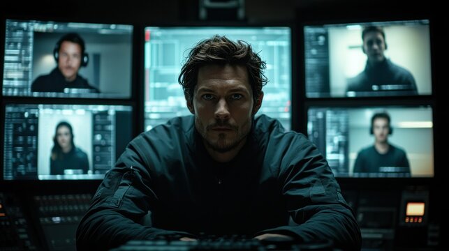 Man in a dark room, surrounded by multiple monitors showing other people in video calls