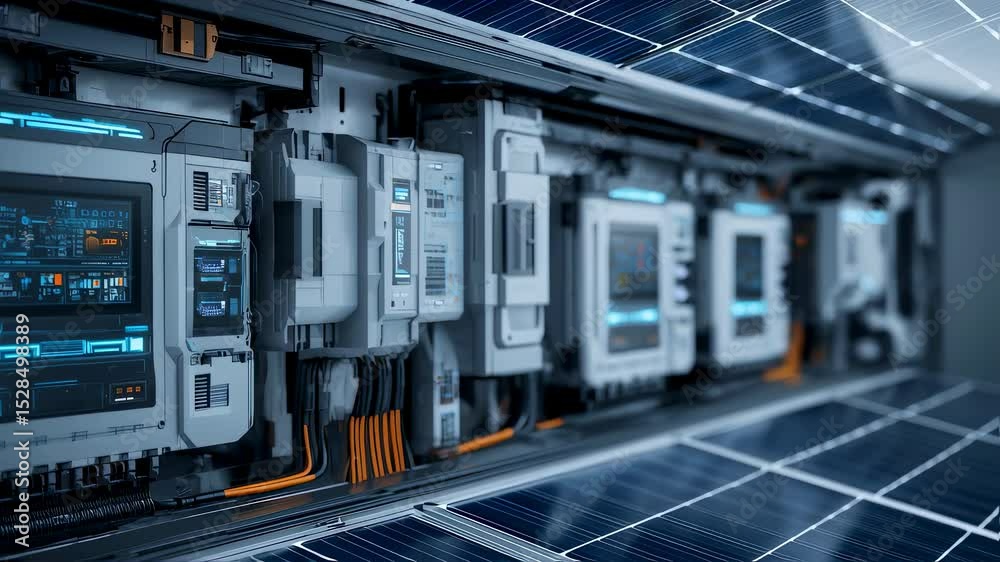 Poster powerful data center network with solar powered servers and advanced cooling systems representing su