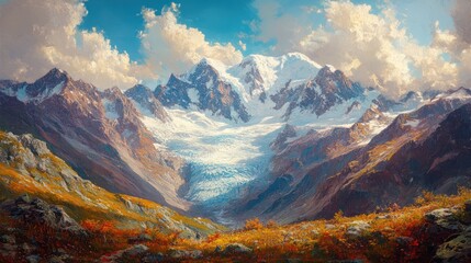 Majestic alpine peaks adorned with ice and snow, bathed in golden sunlight