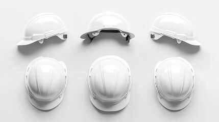 Five white hard hats in various positions on a white background.