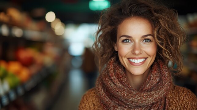 Bright and cheerful, this image showcases a young woman smiling warmly in a grocery store, embodying positivity and the joy of everyday life amidst fresh produce.