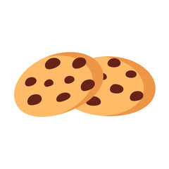 Vector illustration of two classic chocolate chip cookies with a simple flat design, isolated on a white background.