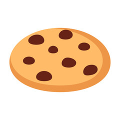 Flat vector illustration of a single chocolate chip cookie with a simple design, perfect for food-related concepts and icons. Isolated on a white background.