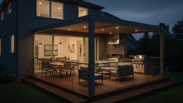 Outdoor dining area under a pergola at dusk