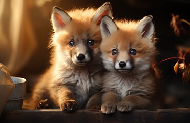 Obraz premium Two playful fox cubs with their fluffy orange fur and curious eyes pose together in a charming indoor setting, radiating cuteness and warmth that captivates animal lovers.