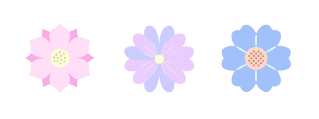 Three Colorful Flowers Isolated on White Background in Pink, Lavender, and Blue