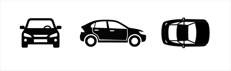 Automobile icon set presenting black car from front, side, and top view