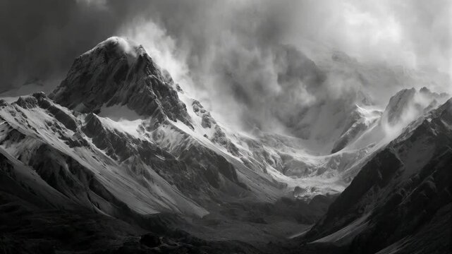Towering ice mountains gleam under sunlight, their frozen peaks glistening while icy winds howl fiercely below.

