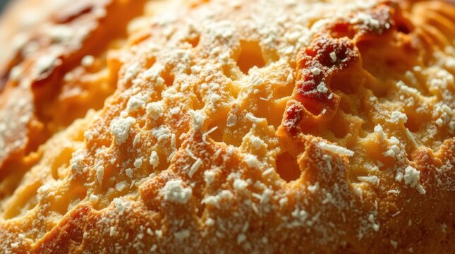 A close-up view highlights the golden, textured crust of freshly baked bread, dusted with flour, showcasing its artisanal quality and rustic appeal.
