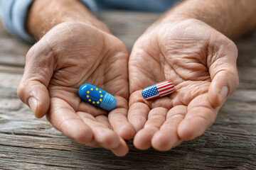 Hands presenting eu and us flag-inspired capsules symbolizing transatlantic relations and international cooperation