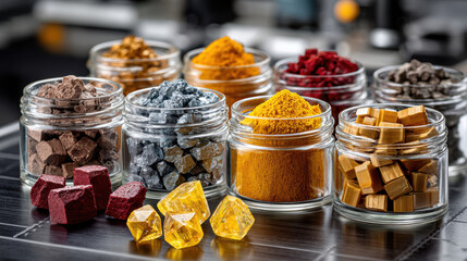 Plakat Rare earth elements in laboratory setting with colorful mineral samples for scientific analysis and research