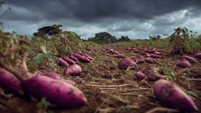 Rows of vibrant purple sweet potatoes rest beneath rich soil, fully ripened and ready for careful harvesting.
