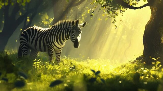Graceful zebra gallops across golden plains, its striking black-and-white stripes contrasting beautifully under the sunlight.
