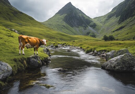 Scenic landscape featuring cow standing in tranquil mountain stream image