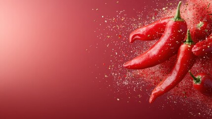 A dynamic composition of bright red chili peppers surrounded by colorful spices, emphasizing the intensity and flavor they bring to culinary dishes, representing passion in cooking.