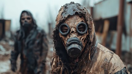 Two eerie figures with gas masks and tattered clothing roam through a desolate landscape, symbolizing survival amidst chaos and the haunting aftermath of a dystopian world.