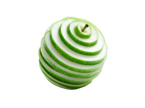 Green apple sliced into thin concentric circles isolated on black background, Isolated On Transparent Background