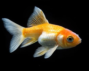 An orange and white goldfish swims against a pure black background, its fins elegantly spread.  The lighting highlights its scales and details