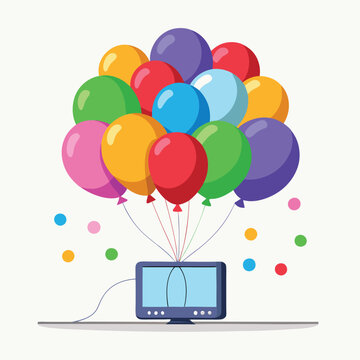 Colorful balloons floating above a computer monitor