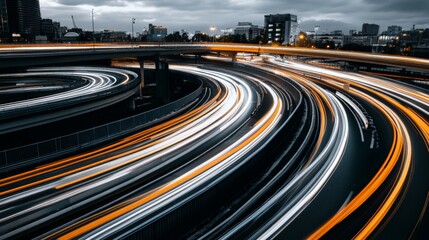 Fototapeta premium Long exposure of a busy highway with light trails during dusk in an urban setting