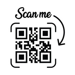 Minimalist black & white QR code centered, grid squares visible. Simple outline frame. 
