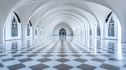 Elegant white interior with arched windows and checkered floor in a spacious hall