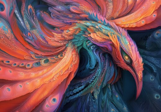 This close-up photo captures the stunning and intricate colors and patterns of a beautiful birds feathers, A color fusion inspired by the feathers of a peacock