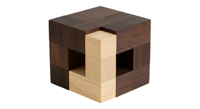Intricate wooden puzzle box interlocking design blocks isolated on white background