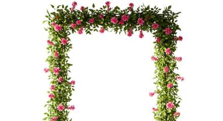 Floral archway with pink flowers and lush green leaves isolated on white background
