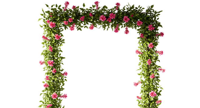 Floral archway with pink flowers and lush green leaves isolated on white background