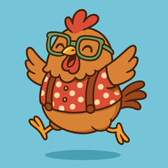 A joyful chubby chicken jumping mid-air, wearing square green glasses and a red polka-dot shirt with suspenders, set against a flat sky blue background.
