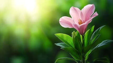 Fototapeta premium Beautiful pink lily flower with green leaves against a bright, blurred natural background