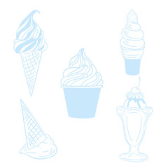 A set of original hand-drawn ink illustrations of ice cream. Original drawings of ice cream cones, milkshakes, and ice cream tubs.