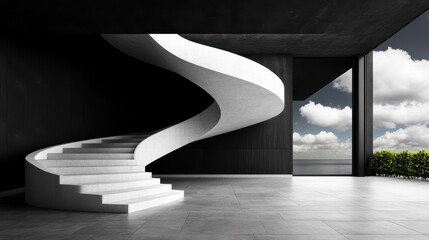 This stunning image features an elegant spiral staircase that seamlessly blends modern architectural design with minimalist aesthetics and open spaces, complemented by a peaceful background.