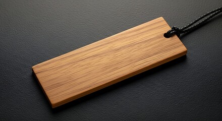 Wooden Tag with Black Cord on Textured Dark Surface, Close-Up