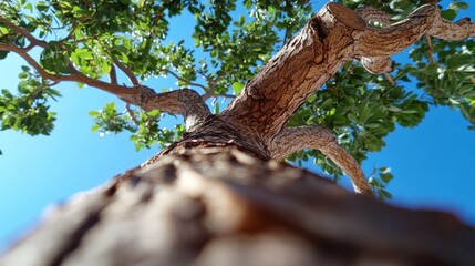 Fototapeta premium Low-angle view of a large tree with textured bark and lush green leaves against a bright blue sky